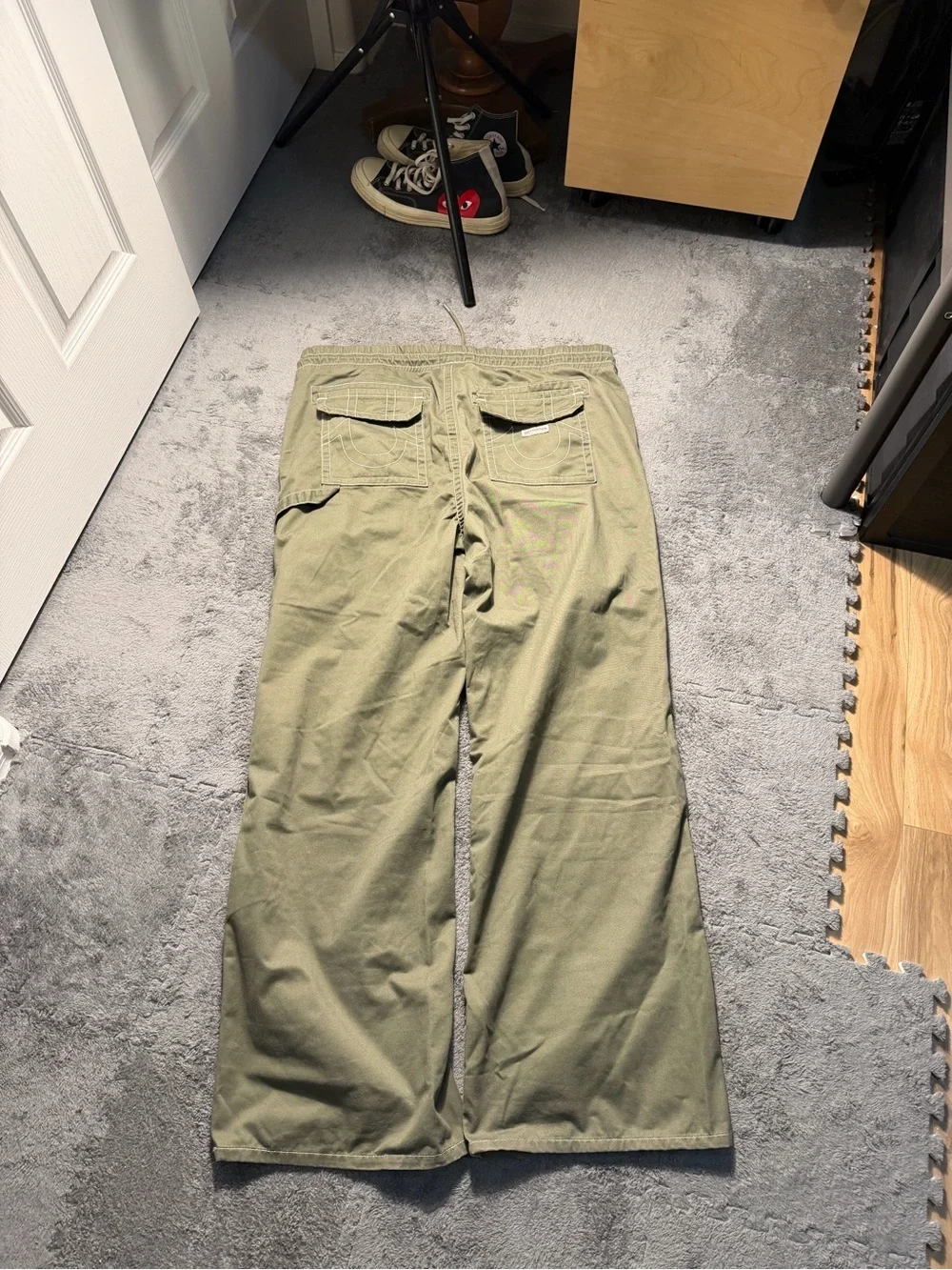 True Religion Double Knee Men's Green Carpenter Pants Baggy Drawstring Wide Leg